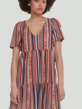 Dex Striped V-Neck Tiered Midi Dress - Rust Multi, XS (Worn 1x) 👗